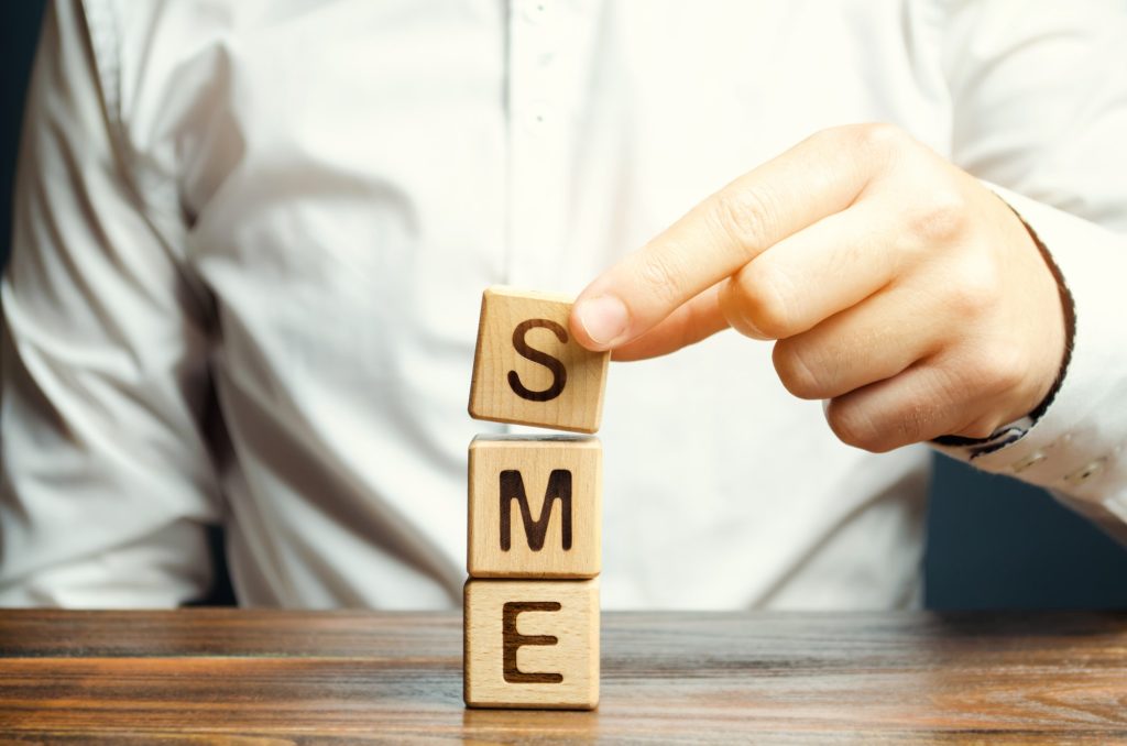 Businessman holds wooden blocks with the word SME